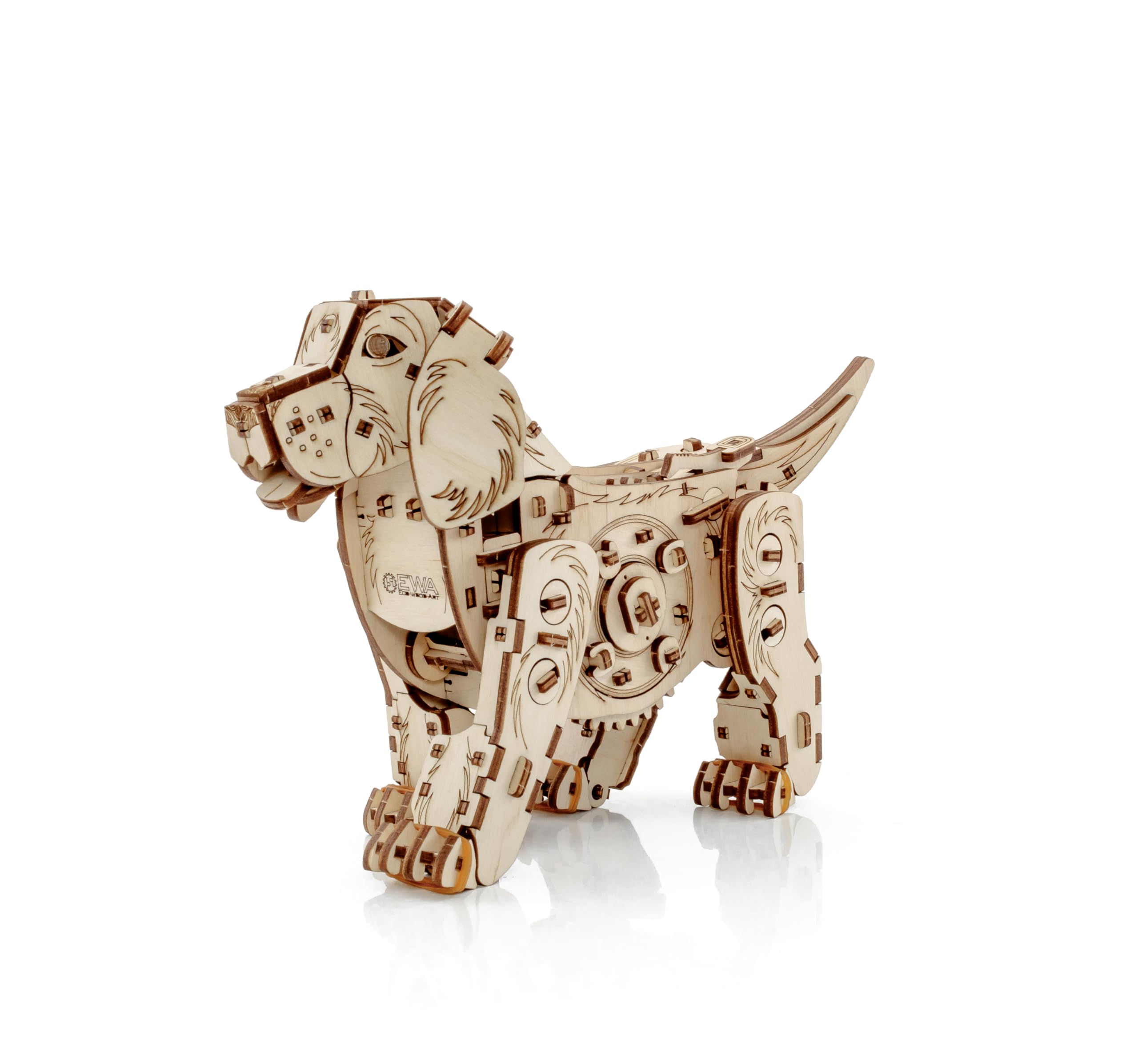 EWA Wind-Up Puppy Dog Top-Grade Plywood 3D Mechanical Model Construction Kit. Pre-Cut Design. DIY Assembly. 246 Pieces. Complexity level 3 out of 5. Suitable for 14+ Years., natural