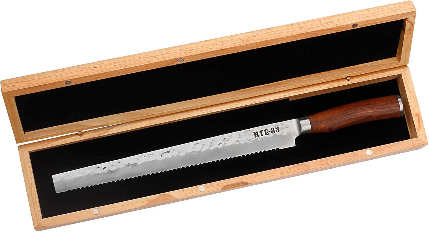 Route83 Classic 12" Serrated Bread Carving Knife Handmade Hammered German Steel American Walnut Handle
