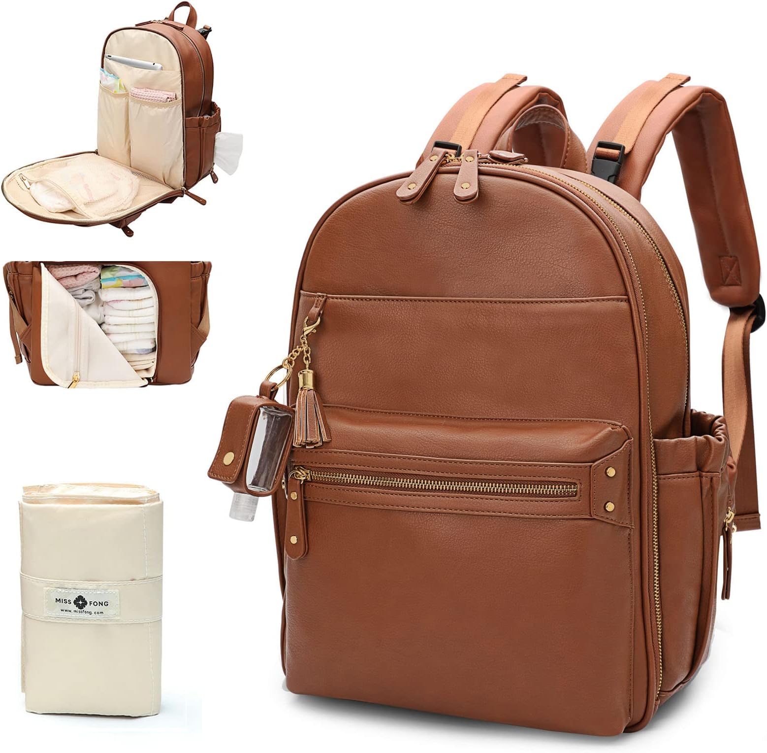 Diaper Bag, Diaper Bag Backpack, Baby Diaper Bag, Leather Diaper Bag Backpack with Changing Pad & Stroller Strap,Multi-function Large Capacity & Waterproof Travel Backpack, Brown