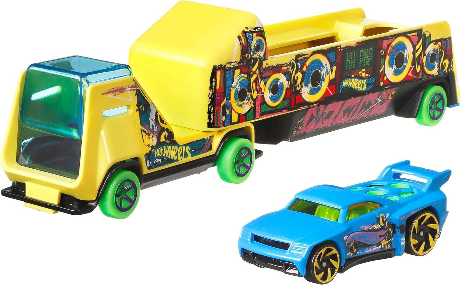 Hot Wheels Toy Car & Truck, Super Rigs 1:64 Scale Race Car & Matching Semi Truck Transporter (Styles May Vary)