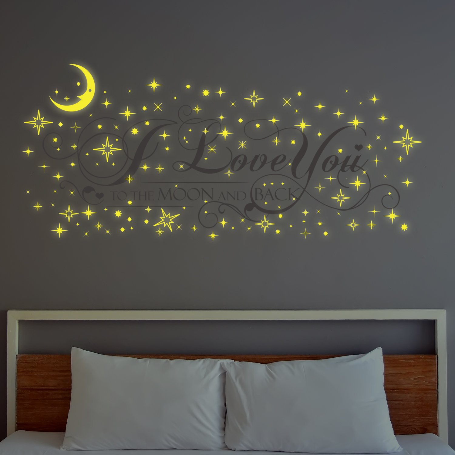 Walplus "I Love You Quote with Moon & Stars Glow in Dark" Valentines Gifts Removable Self-Adhesive Wall Stickers Murals Nursery Office Home Decoration, 107 x 46 cm