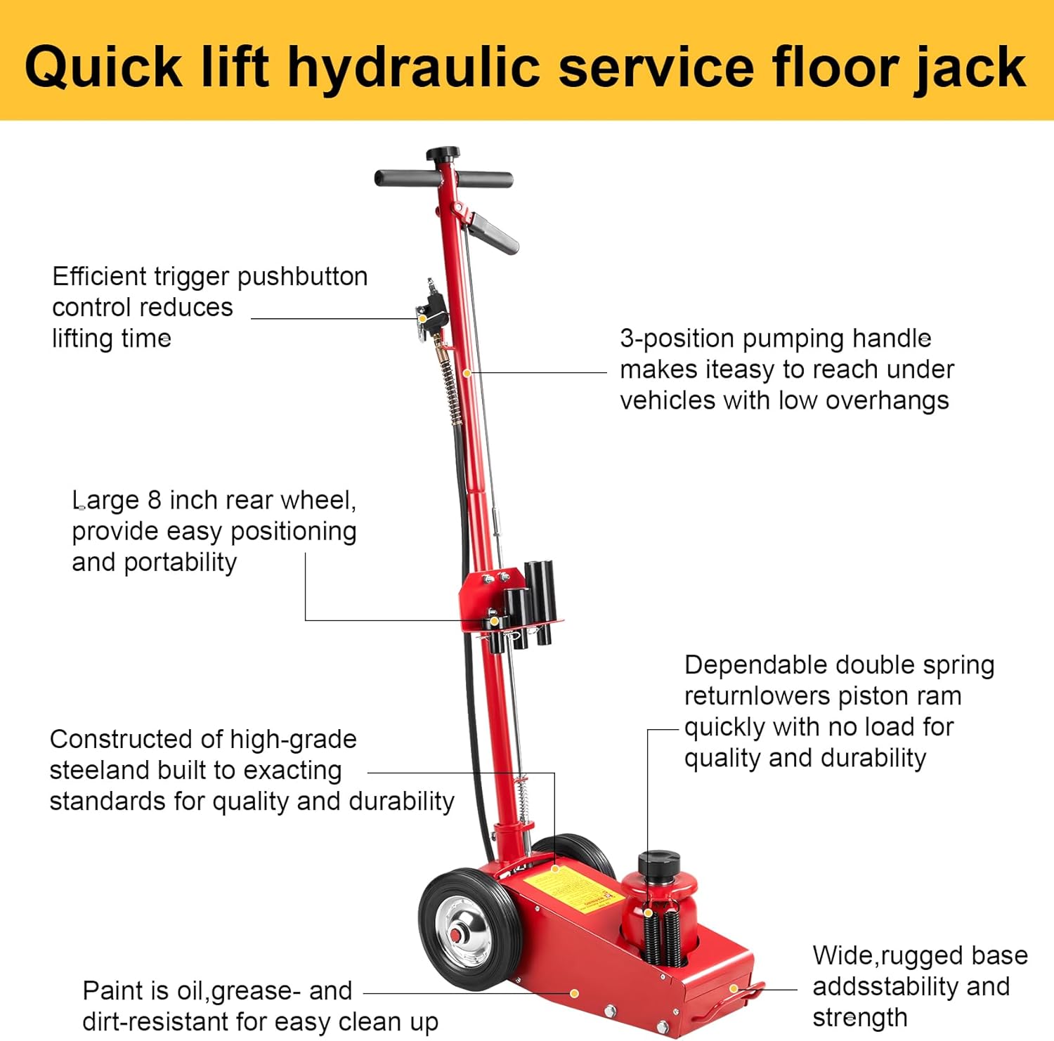 22 Ton Air Hydraulic Floor Jack Quick Lift Air-Operated Axle Bottle Jack HD Truck Lift Jacks Service Repair Lifting Tool for Garages Repair Shops 44000lbs Capacity Red