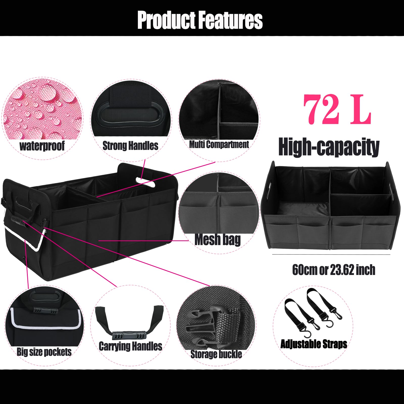 Car Suv Trunk Organizer Sturdy Car Storage Organizer for Accessories Tools Sundries Upgraded 4 Carrying Handles 72L Foldable — view 3