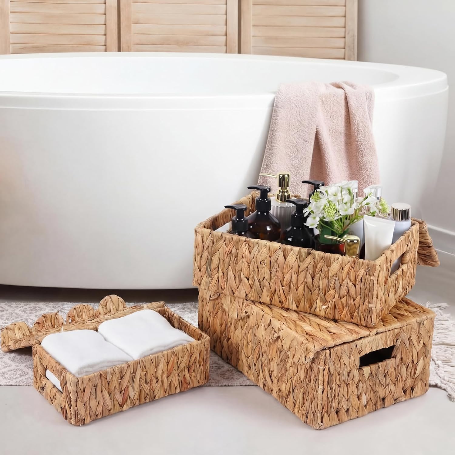 3 Pcs Large Wicker Storage Baskets with Lids 16" 14" 12" Scalloped Wicker Edge Basket Rattan Storage Rectangle Box Large Water Hyacinth Bins with Built in Handles for Living Room, Nursery