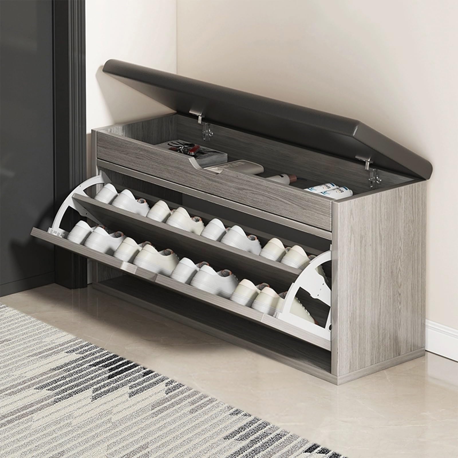 Banc de rangement en similicuir gris compact 80 x 24 x 51 cm