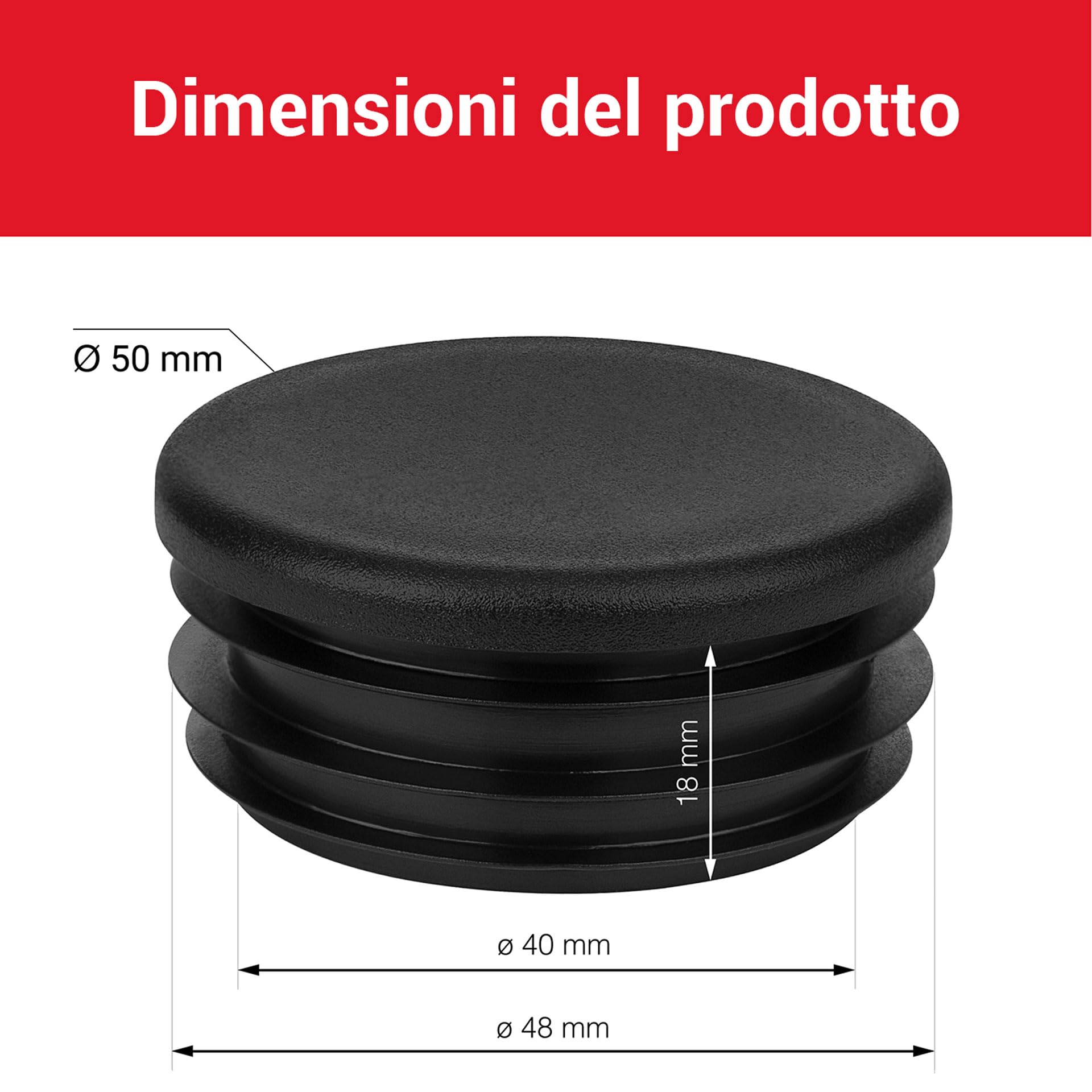 Tappi Terminali Per Tubi 50 Mm | 10 Tappi In Plastica Nero Per Copertura Tubi Rotondi | Acciaio, Inox, Alluminio | Design A 4 Strati