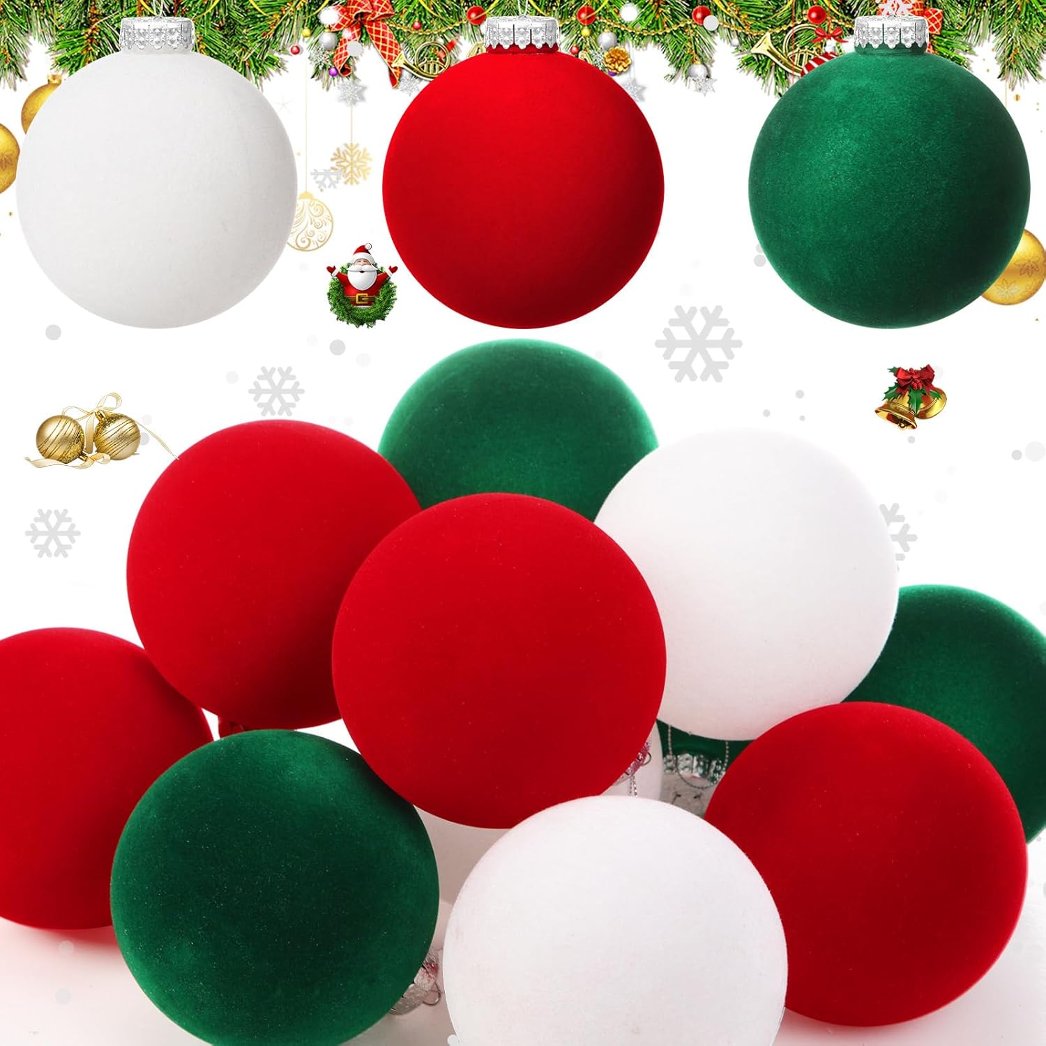 Liliful 12 Pcs Christmas Ball Ornaments Large 4'' Christmas Ornaments Xmas Shatterproof Tree Decorations Extra Large Outdoor Hanging Plastic Balls(Red,Green,White,Velvet)