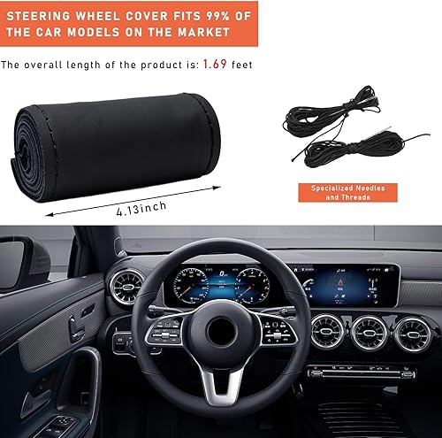 Miniatura 8 de Funda para volante de automóvil, protector antideslizante para volante de 15 pulgadas de diámetro, costura DIY con hilo de aguja, accesorios
