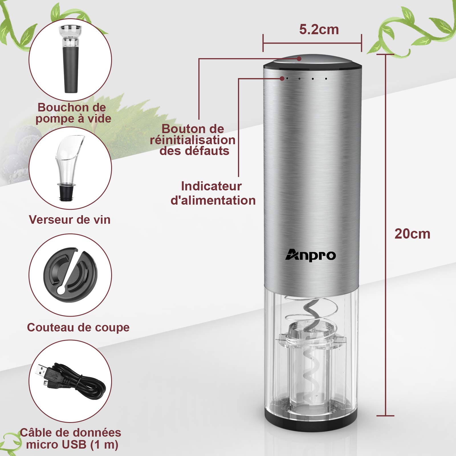 Anpro Tire Bouchon Electrique,Ouvre Bouteille Automatique Rapide，avec Bouchon de Pompe à Vide,Tire-Bouchon screwpull pour Vin avec Charge à l'aide du Port USB,Cadeau de Noël