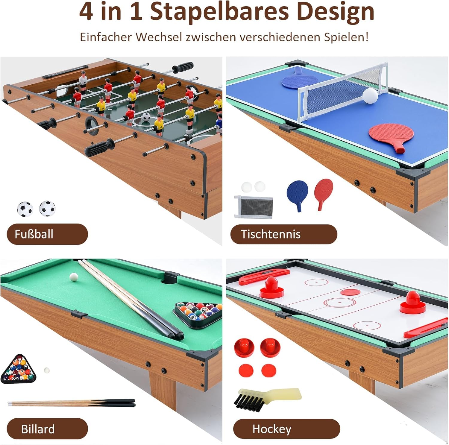 FANTASK 4 in 1 Spieltisch, multifunktionaler hölzerner Billardtisch & Tischtennistisch & Airfield Hockeytisch & Kickertisch