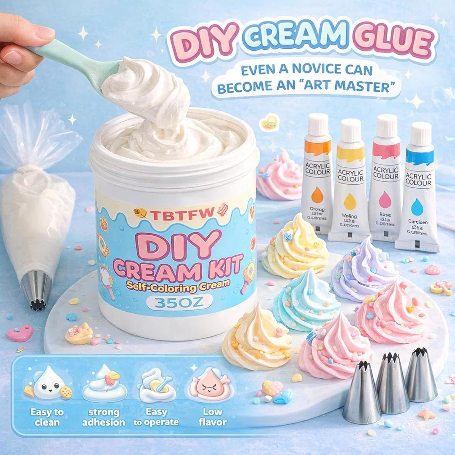 35oz Cream Glue,White Whipped Cream Glue Kit, with 12 Color Pigments, 100 Piping Bags, 23 Nozzles, 1 Pack Tape and Silicone Spatula, Used for Decorative Craftsmanship