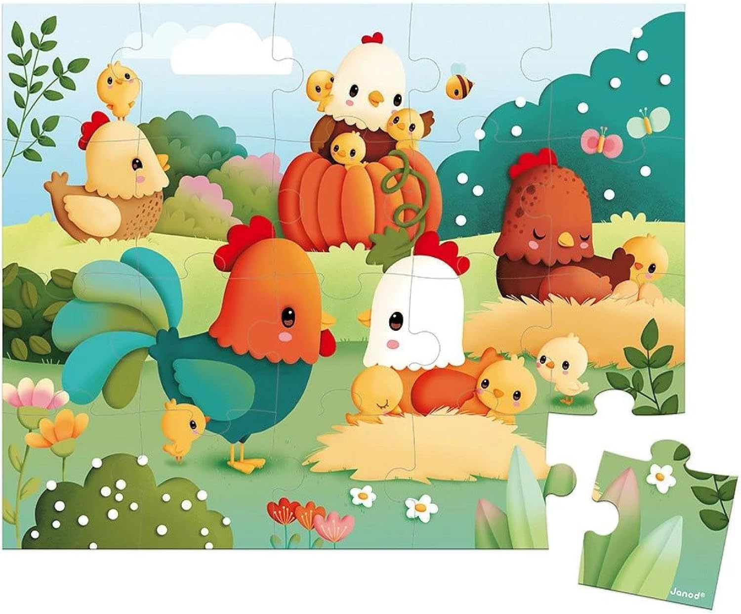 Janod - J03320 J03320 Welcome to the Basse-Cour Puzzle - 20 Piece FSC Cardboard Puzzle - Educational Game - Develops Patience and Dexterity - Made in France - from 24 Months, Green