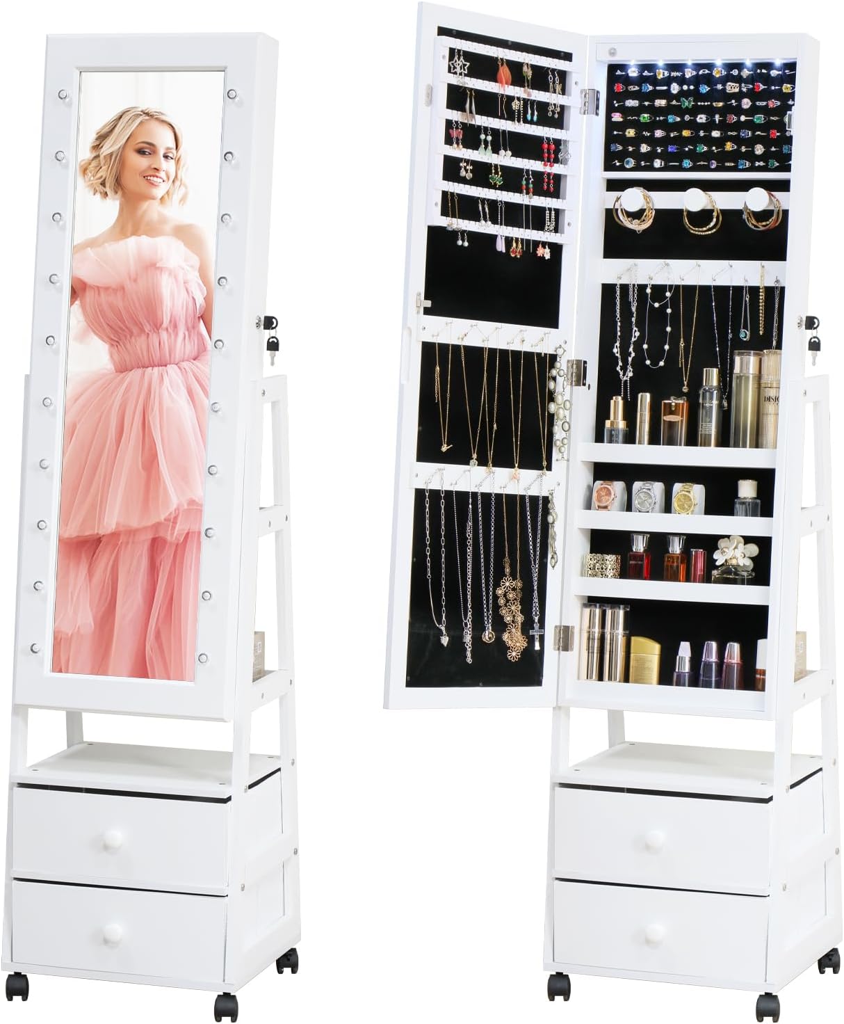 Jewelry Armoire Cabinet Organizer Standing with 20 LED Lights Lockable Full Length Mirror with Storage Shelves and 2 Drawers (White) Adjustable Tilt Angles Gift for Her Off White 63*16+LED Lights