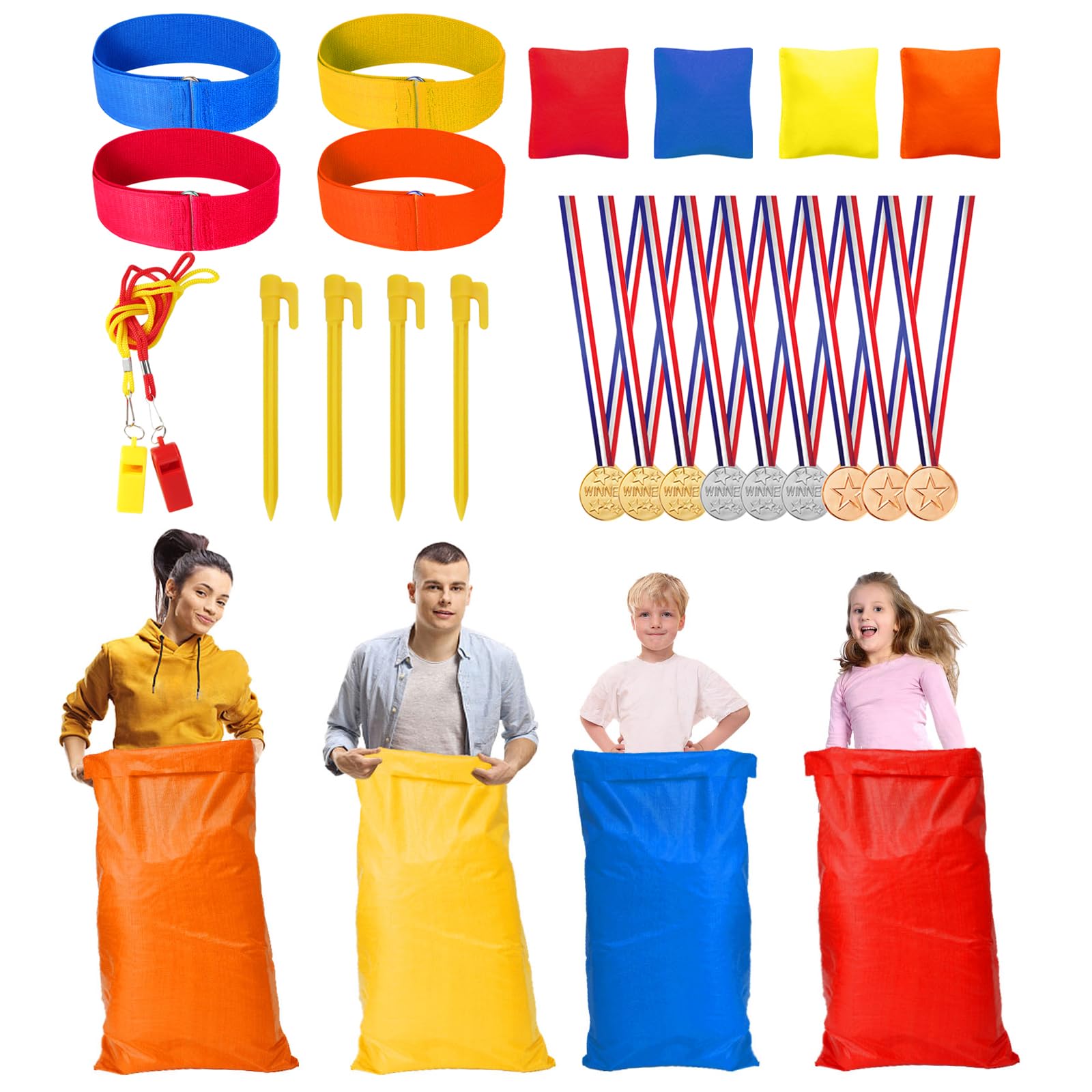 31pcs Potato Sack Race Bags Set, with 3-Legged Race Bands Bean Bags Medals Whistles, Tent Nails for Family Gatherings, Birthday Parties, School Outside Sports Games