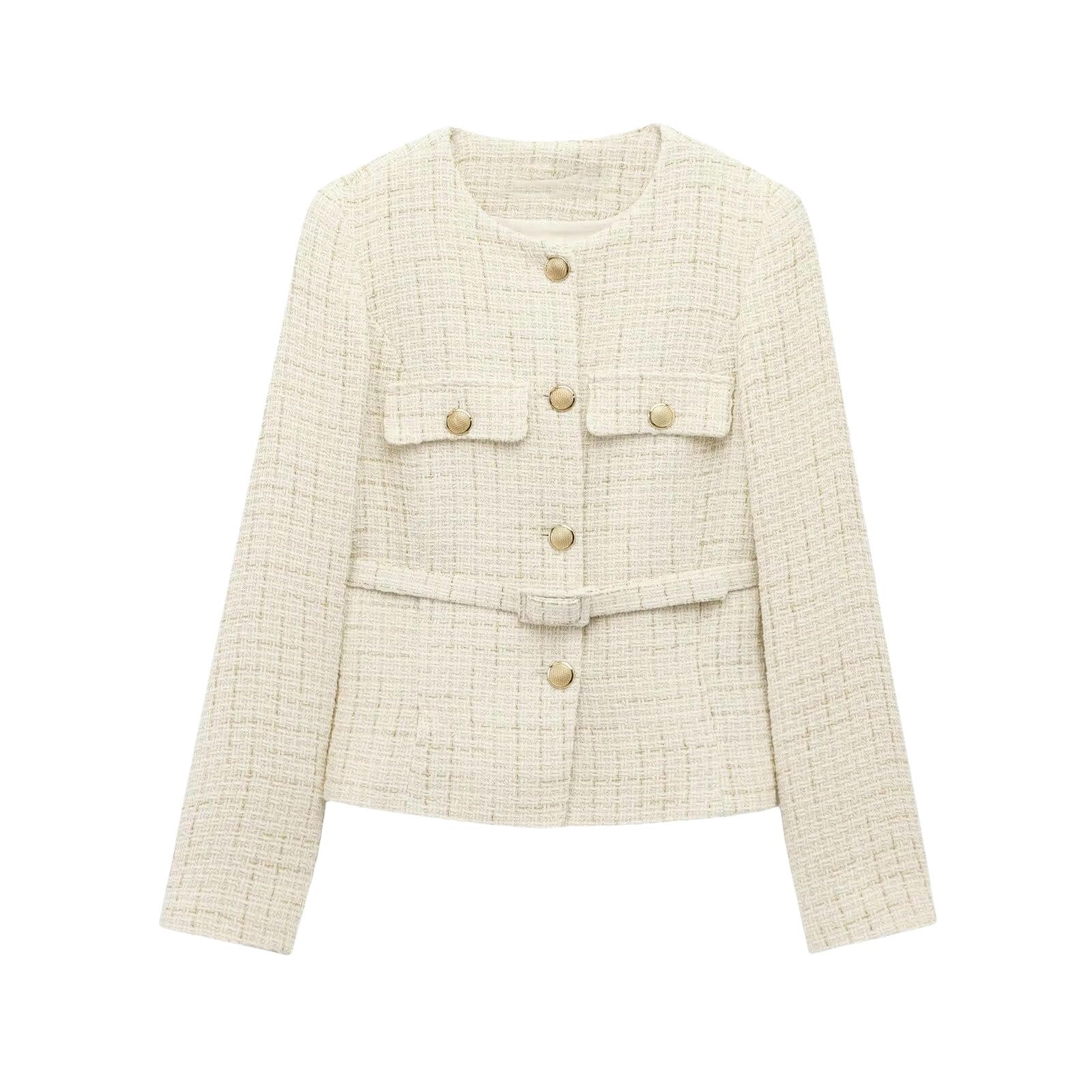 JYHBHMZG Womens Versatile Notched Lapel Tweed Long Sleeve Belted Textured Casual Blazer Jacket