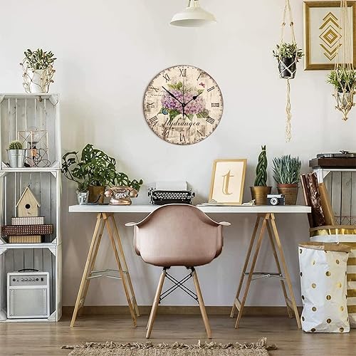 Miniatura 6 de Reloj de pared decorativo de 15 pulgadas, hortensias moradas, plantas y mariposas, reloj de madera rústica, funciona con pilas, silencioso, sin