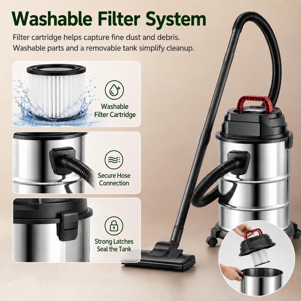 Aspiradora en húmedo y en seco, 18 L, 1500W, Cable de 4 m