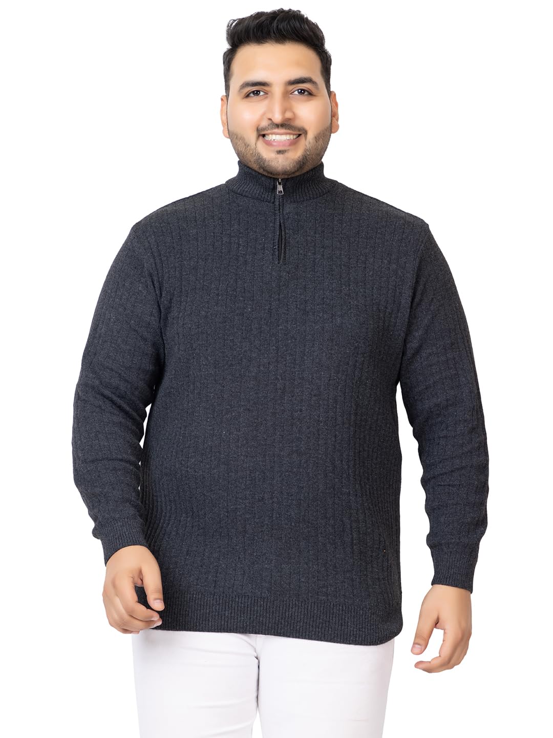 Kvetoo Plus Size Men High Neck Zipper Full Sleeve Woolen Winter Sweater