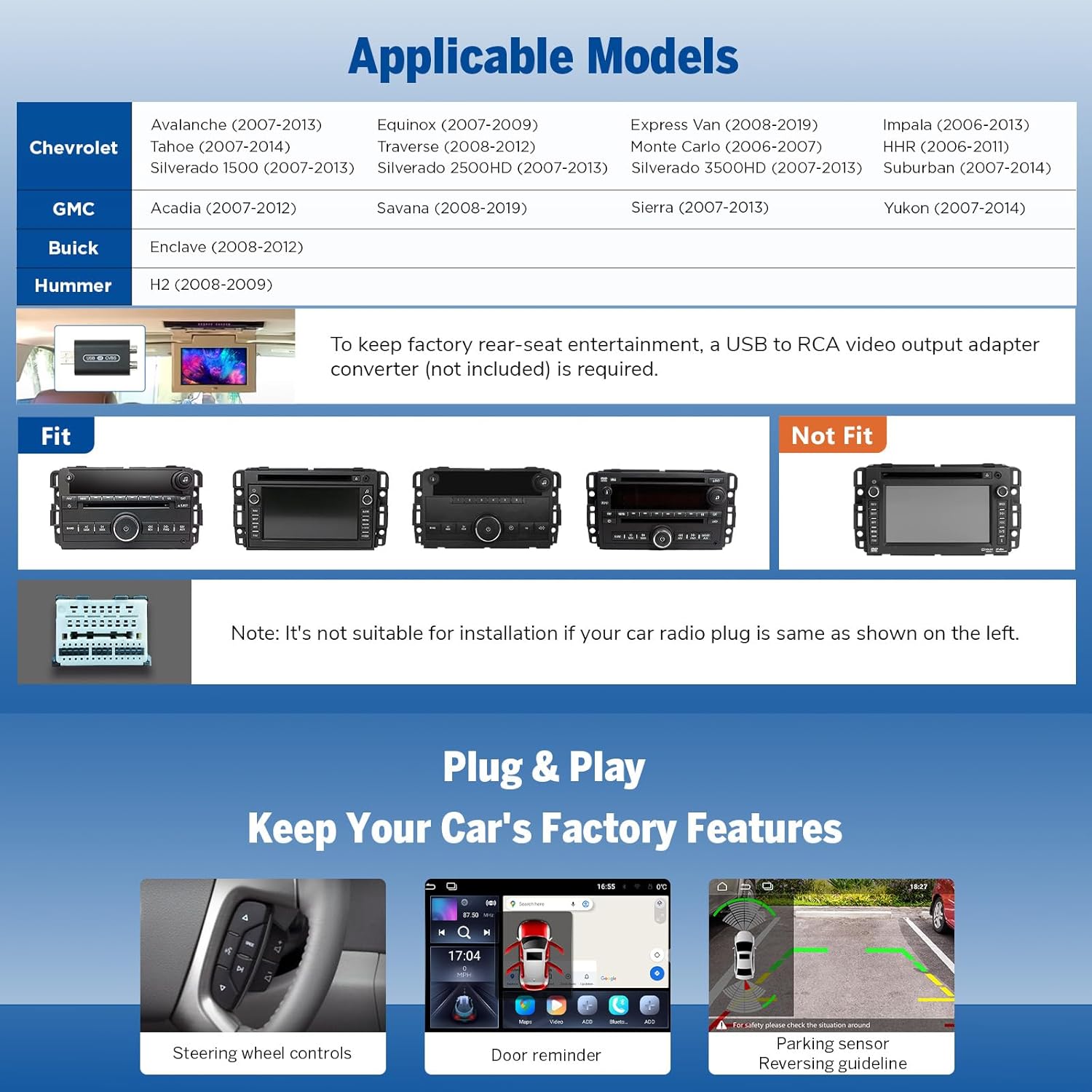 Table showing compatible car models for Eonon GMX6S