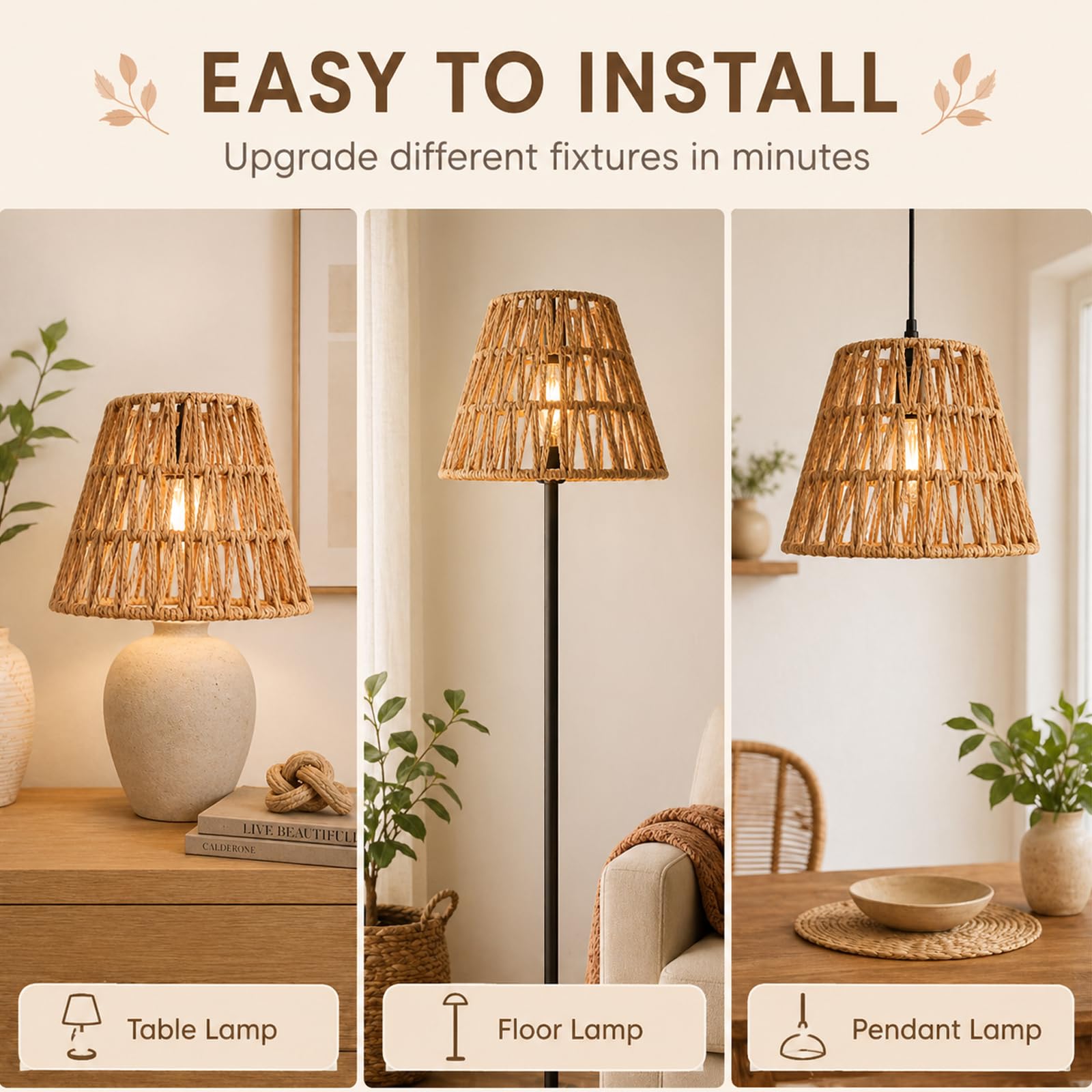 4 paralumi in rattan, in stile bohémien, altezza 14 cm, paralume a sospensione, piccolo E27, in rattan intrecciato per lampada da terra, lampada da tavolo, lampada a sospensione, paralume a