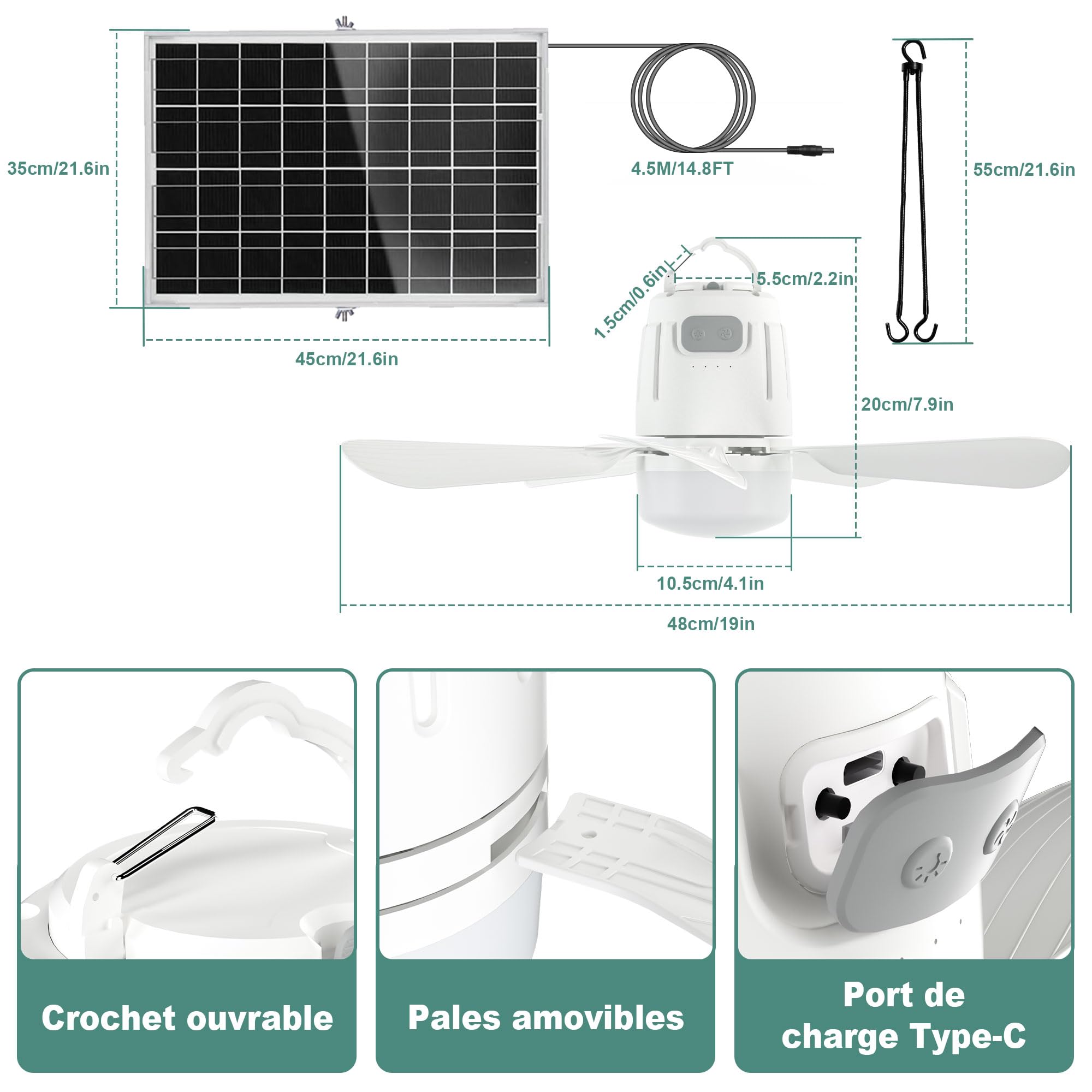 Ventilateur Solaire avec Lumière, Lampe Plafond de Pavillon, Panneau Solaire et Télécommande pour Terrasse, Parasol, Atelier, Gazebo