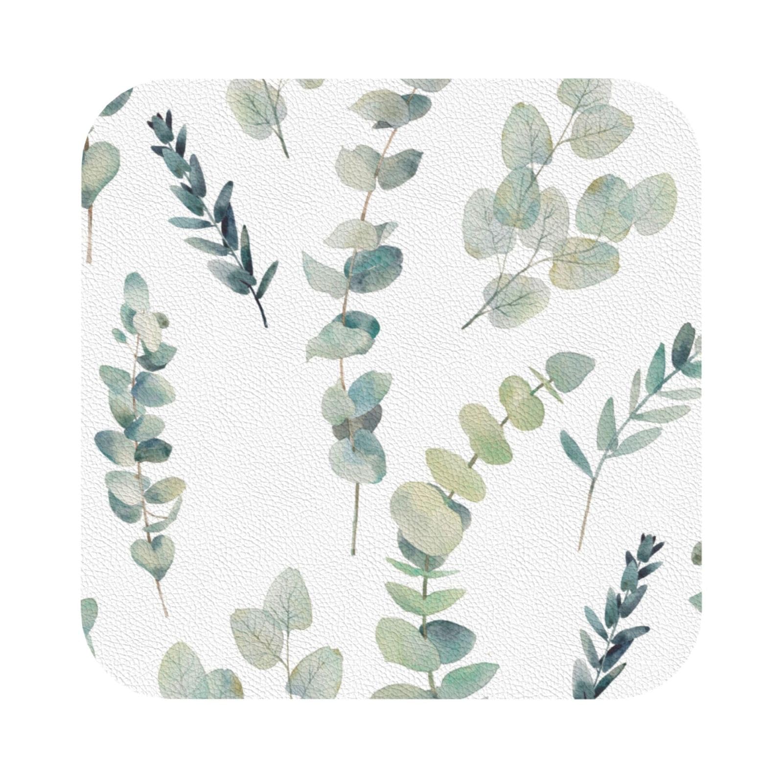 Eucalyptus Leaves PU Leather Coasters Set of 6 Square Drink Coasters