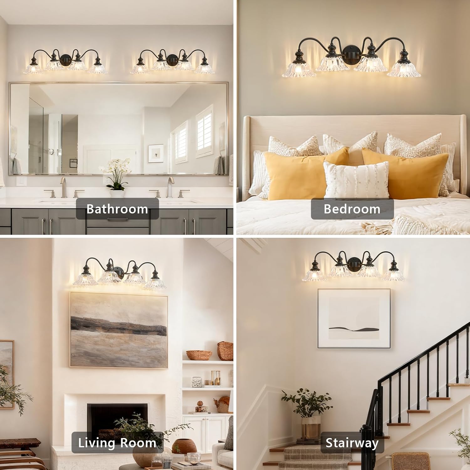 Vintage Bathroom Vanity Light Fixture,4 Lights Black Bathroom Light with Floral Transparent Glass Shades,Antique Wall Sconces for Living Room,Bedroom,Dining Room,Dressing Table,Over Mirror