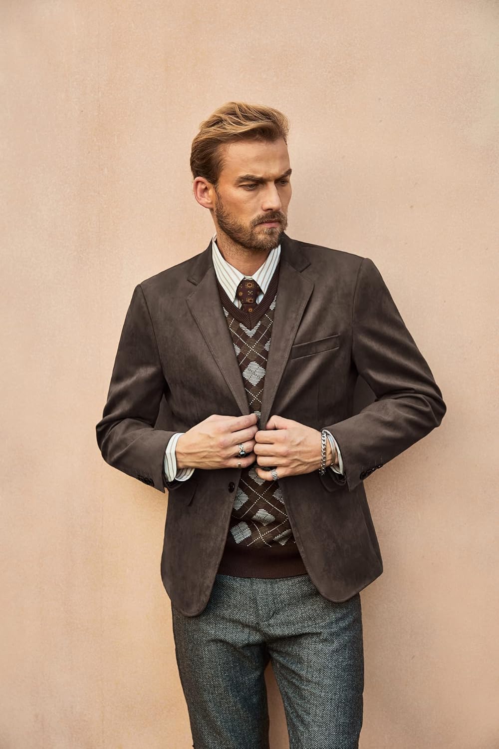 PJ PAUL JONES Mens Blazer Jacket Faux Leather Suit Jacket Casual 2 Buttons Suede Sport Blazer Coat with Pockets - Image 3