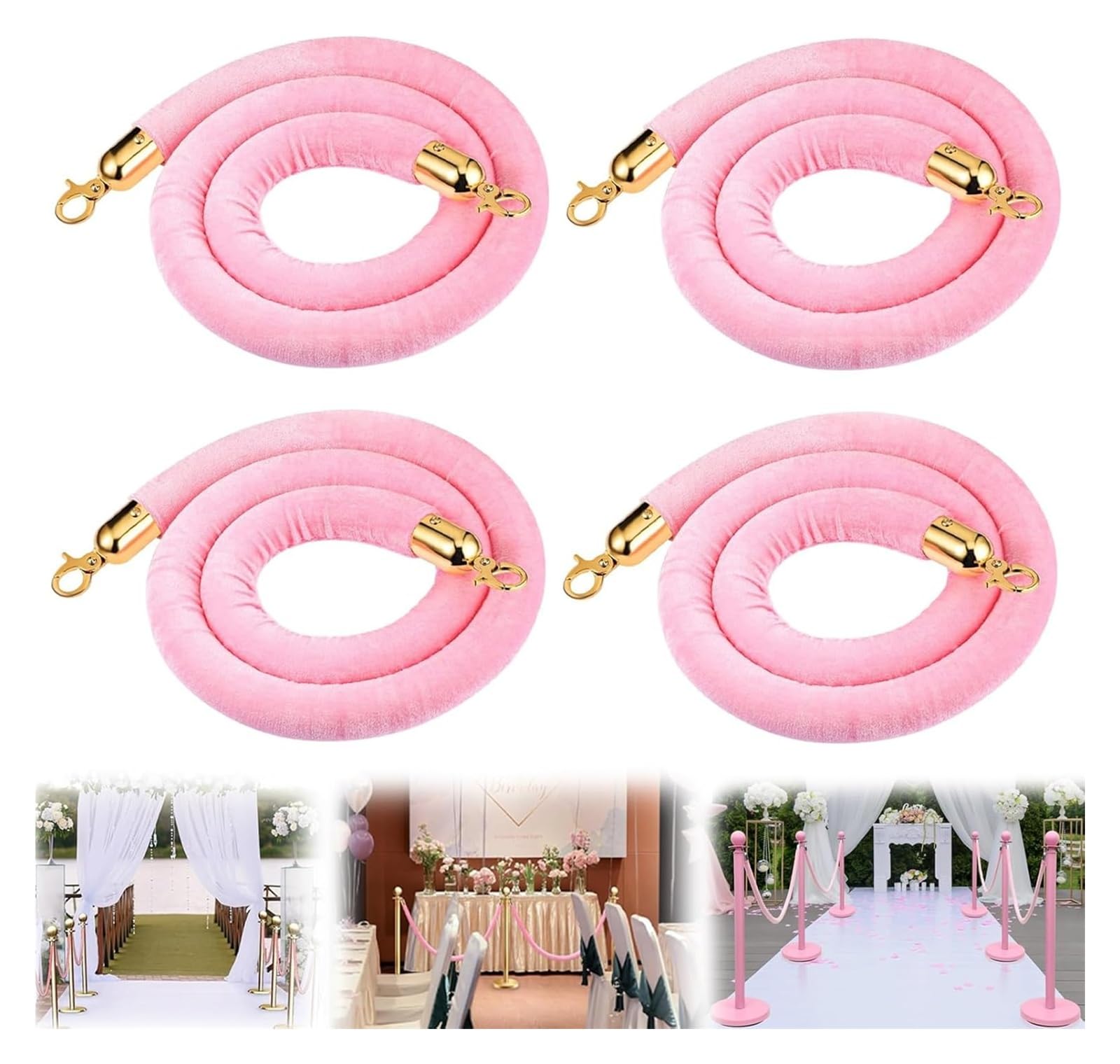 Corde en velours rose de 90 cm avec crochets dorés pour barrière d'événement - Lot de 4