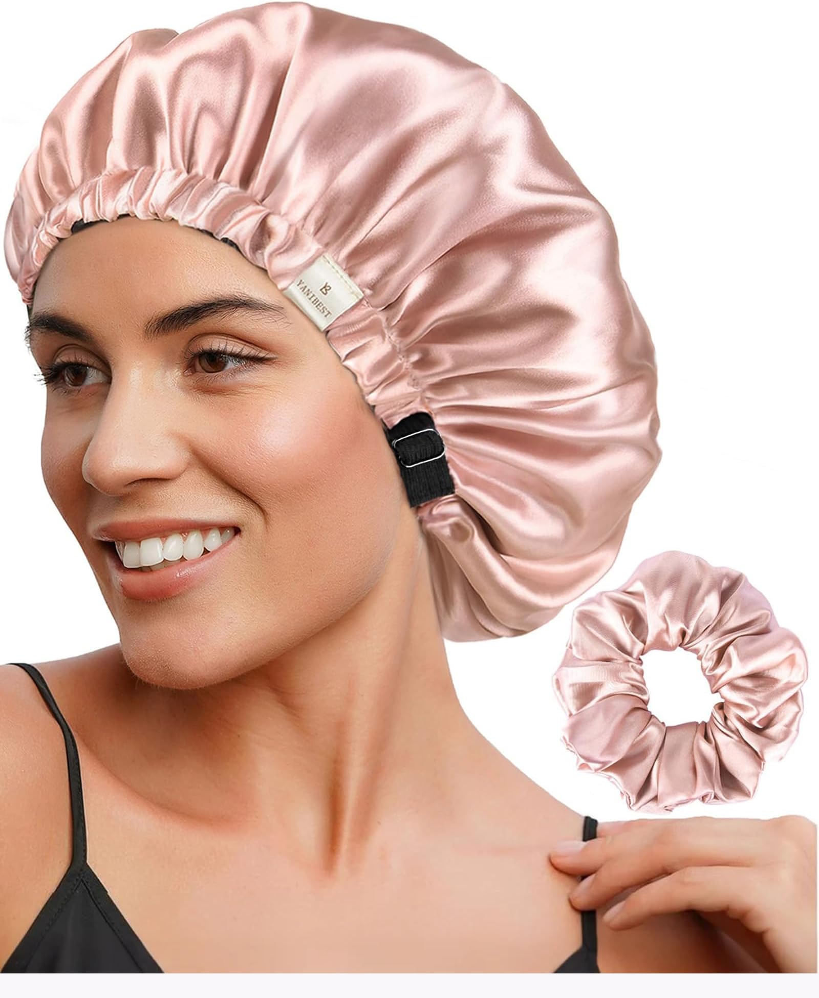 Adjustable Satin Bonnet Double Layer Hair Bonnet for Sleeping Bonnets for Women Hats Curly Natural Hair, Blush Pink