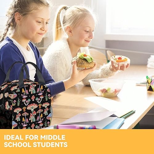Miniatura 8 de Lonchera con diseño de hongos para niños, lonchera aislada para niños y niñas, lonchera negra a la moda con bolsillos, lonchera congelable mediana