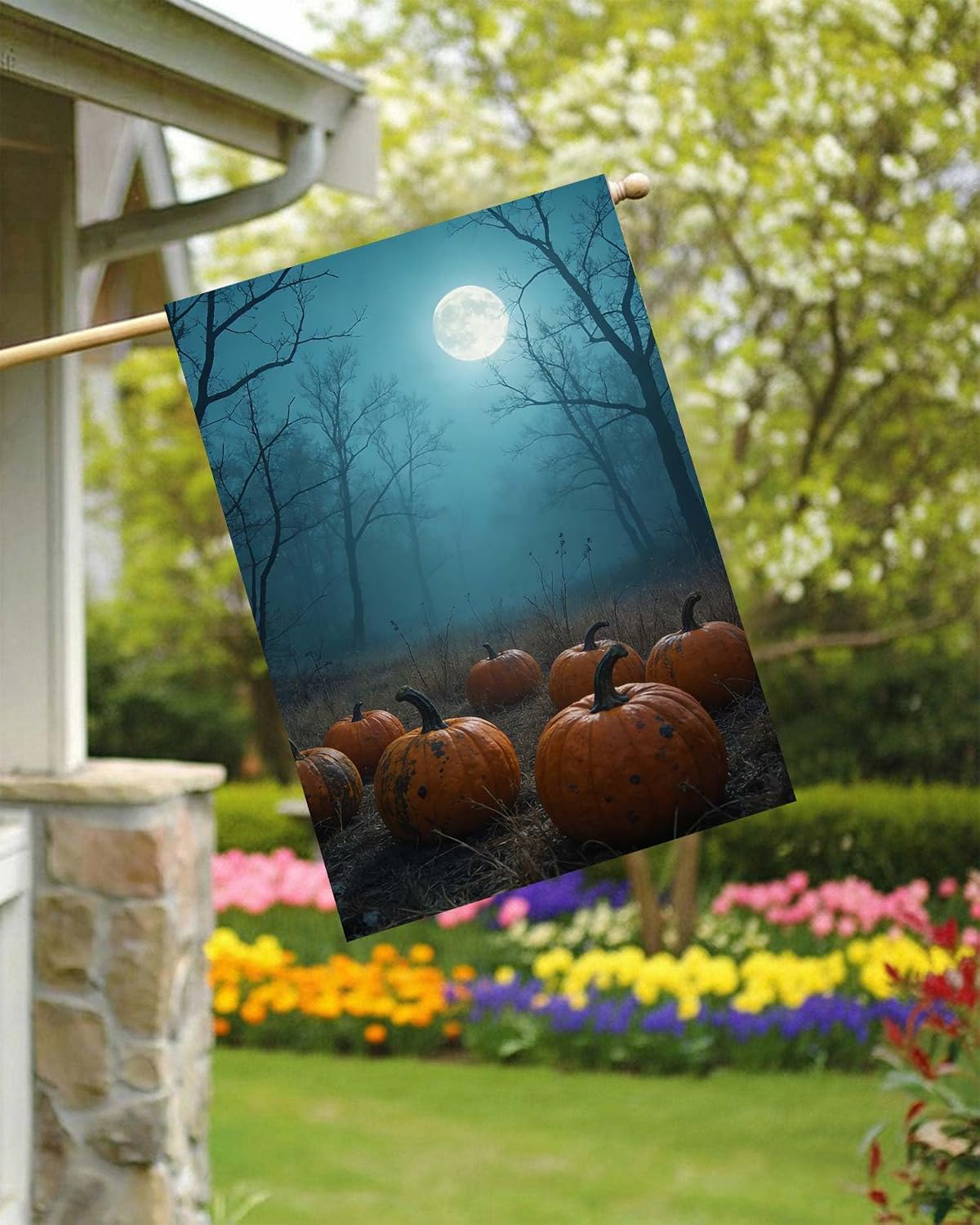 Halloween Seasonal Autumn Pumpkin Fantasy Fairy Forest House Flag 28" x 40" Double Sided, Polyester Welcome Yard Garden Flag Banners for Patio Lawn Outdoor Home Decor