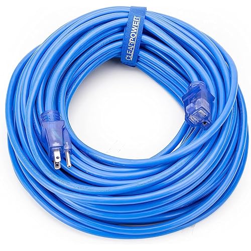 Clear Power 100 ft 14/3 SJTW -50°C Extreme Cold Weather Outdoor Indoor Extension Cord, Blue, Grounded Plug and Lighted Connector, Ideal for Snow Blowers and Power Tools, DCOC-0078-DC