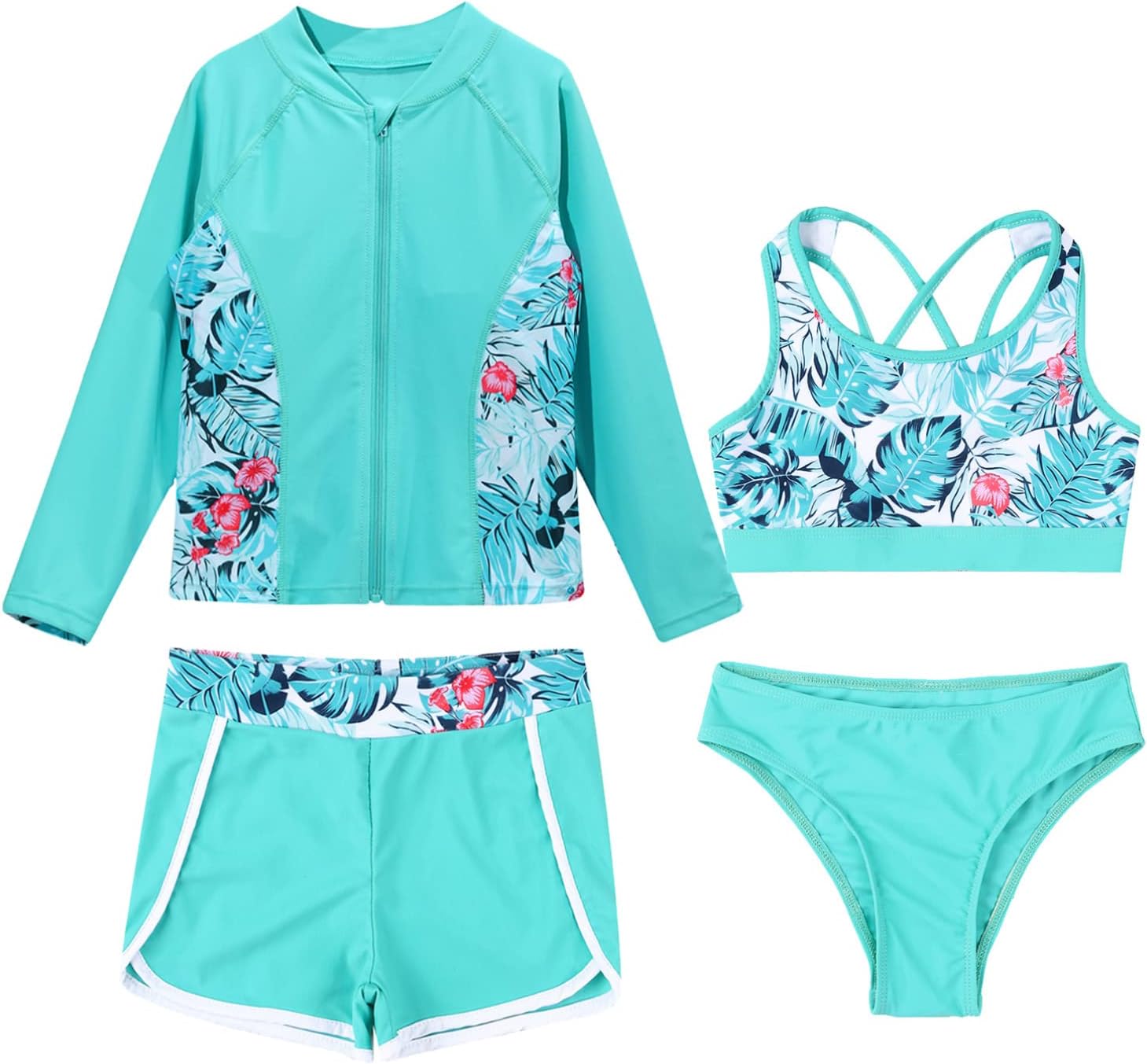 Sxiwei Kids Girls Rash Guard Swimsuits UPF 50+ Sun Protection 4pcs Bathing Suit for Beach Surf Swimwear