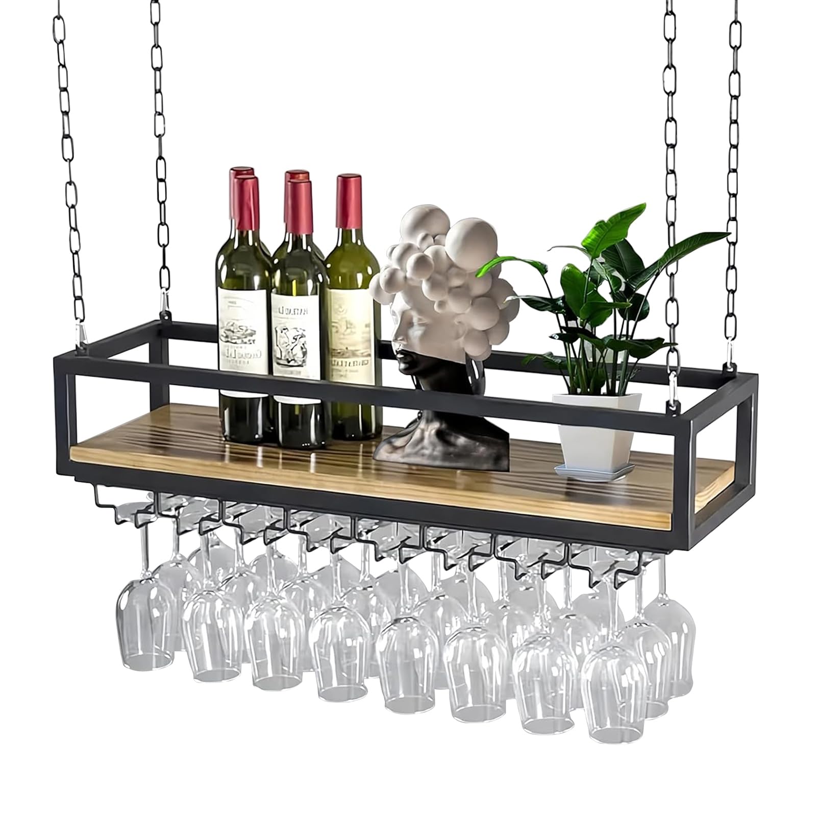 Plafond Bouteilles Suspendu, Style Industriel Porte-Verres en Fer forgé avec chaîne réglable Porte-gobelets pour Bar/Restaurant/Cuisine Étagère Suspendue (100cm)