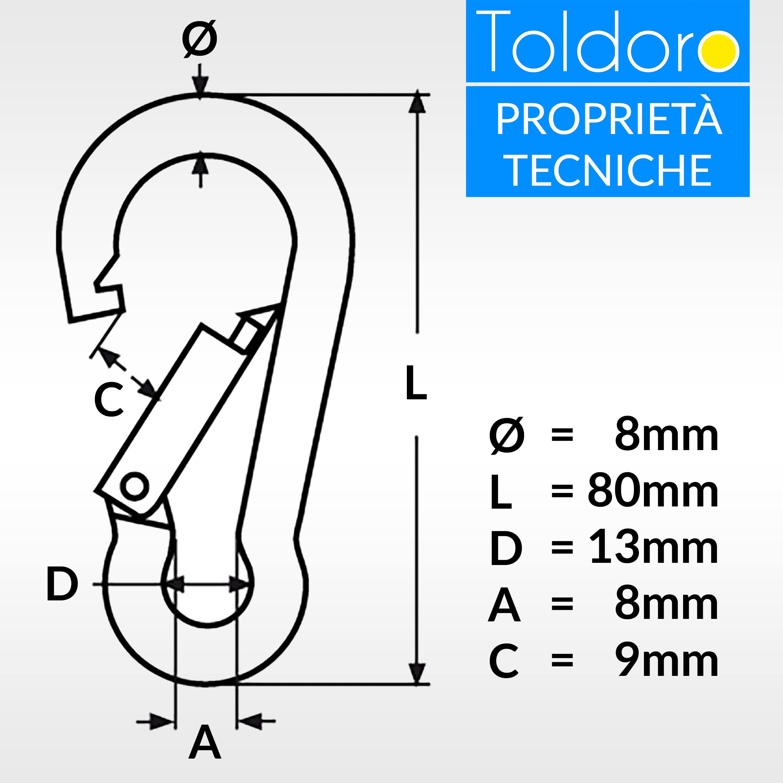 Toldoro® 5x Moschettone acciaio inox 8x80mm / Moschettone multifunzione per altalena, campeggio o slackline/Carabiner/Set di moschettoni grande