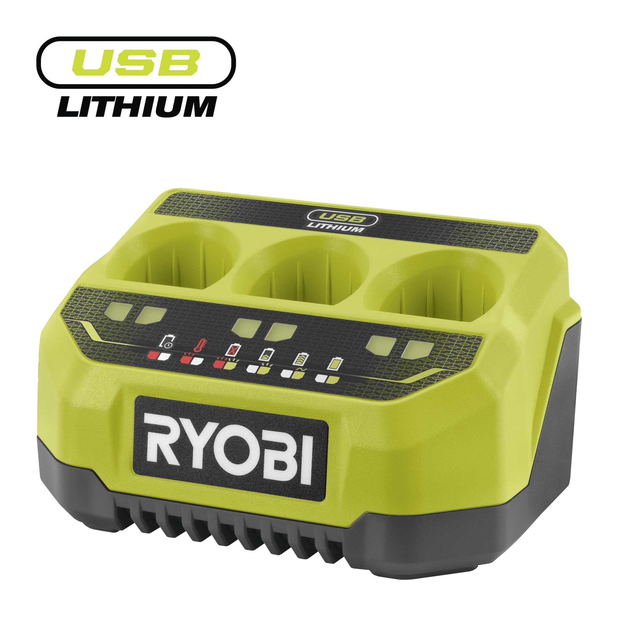 Ryobi Caricabatterie Originale USB Lithium 4V a 3 Porte Sequenziali, Ricarica Batterie 4V, Indicatori LED Stato Carica, Compatibile con Gamma Ryobi USB Lithium, RC43P