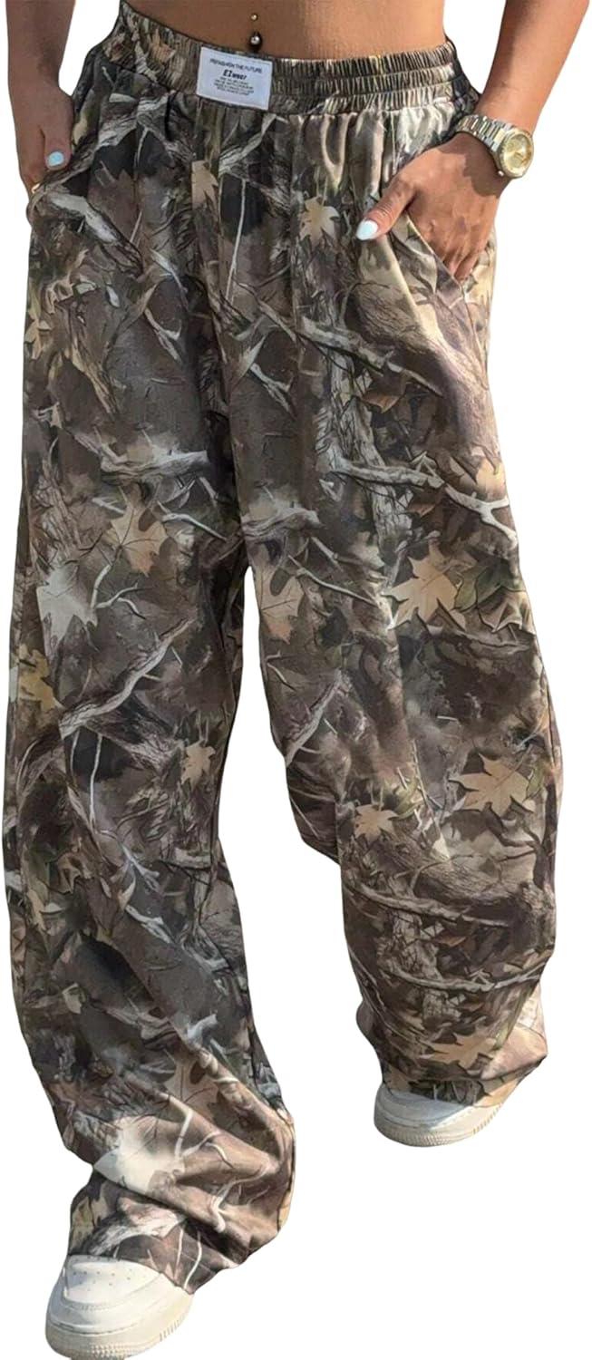 ZAFUL Women's Camo Cargo Pants Y2K Elastic High Waisted Wide Leg Casual Straight Pants Joggers Sweatpants with Patch Detail