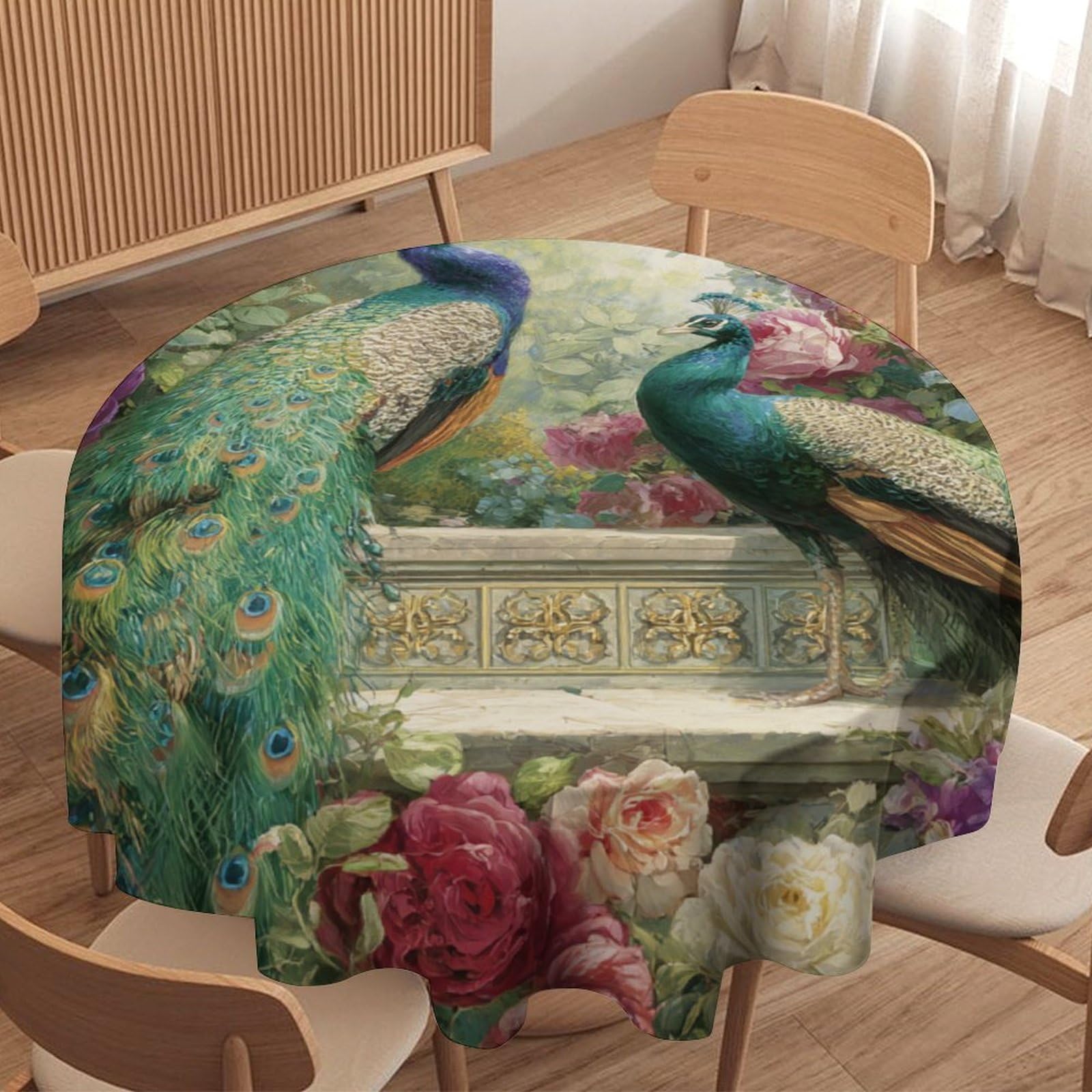 LUYYSKY Beautiful Watercolor Elegant Peacock Waterproof Round Tablecloth Fantasy Painting Spring Garden Rose Floral Animal Peacock Washable Table Cover for Kitchen-177.8" Wx177.8 L cm