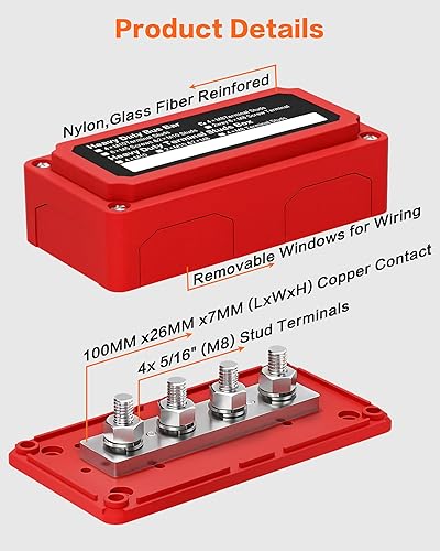 Miniatura 4 de IZTOSS Barra de autobús de 12 V resistente al agua Bloque de distribución de energía con 4 pernos de terminal de 516 pulgadas (M8) Batería de