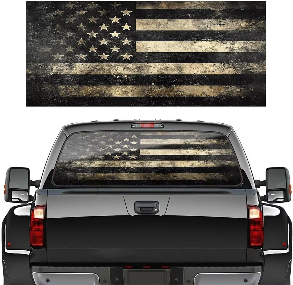 Black and White American Flag Rear Window Decals for Trucks, Rustic Brick USA Flag Back Window Graphic Perforated Vinyl Truck Stickers, 66"x 20"