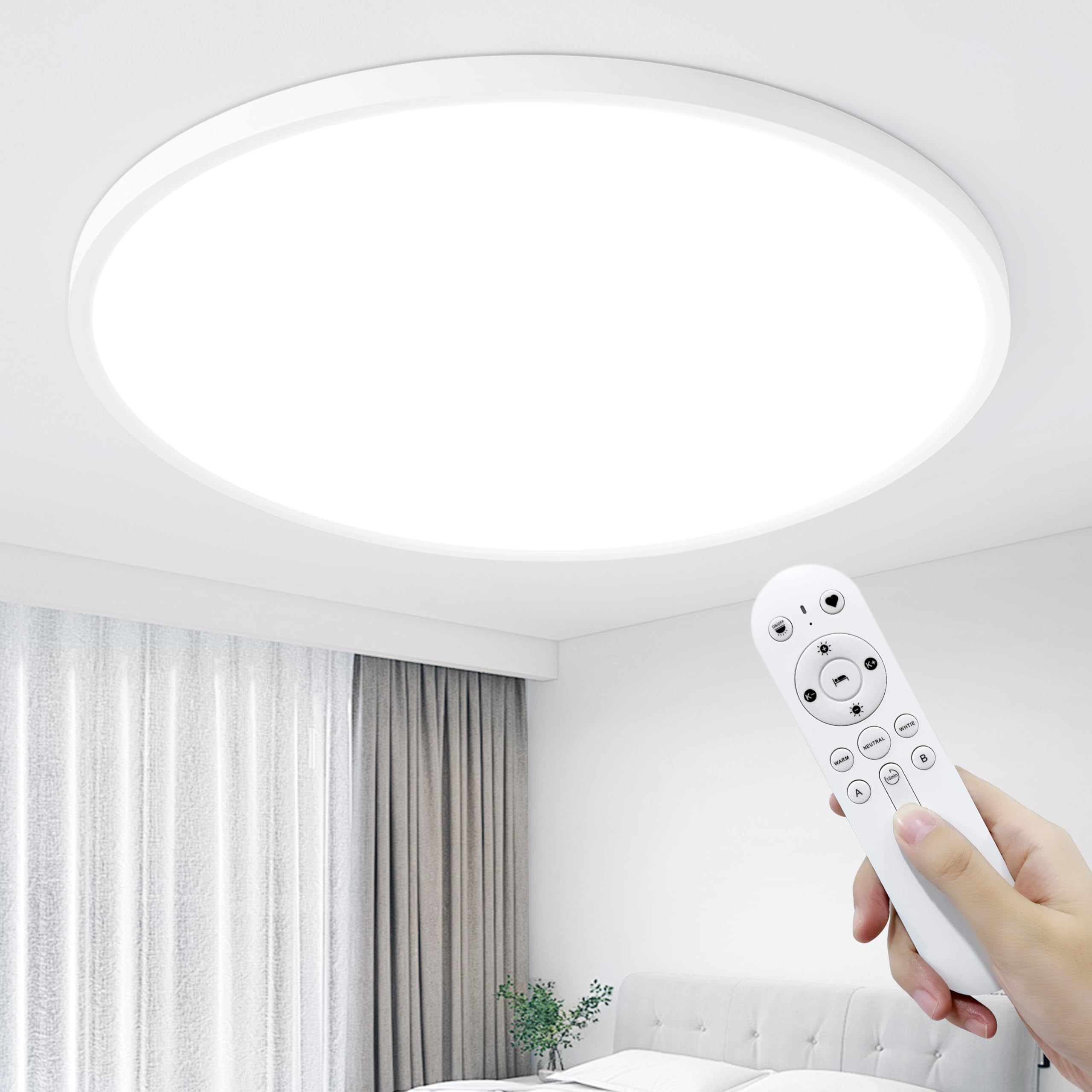 Kiwivic LED Ceiling Light Dimmable 48W Ø50cm Bedroom Lights Ceiling | White Flush Ceiling Light Round 3000-6000K Dimmable with Remote Control for Living Room Bedroom Kitchen Office