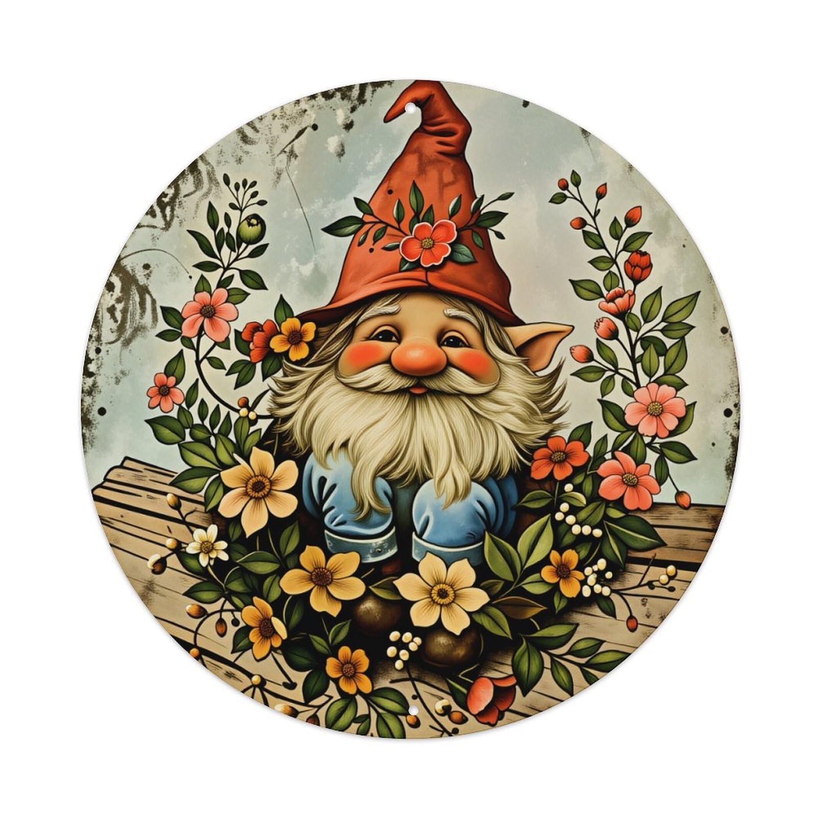 Gnome Floral Garden Art Print Metal Tin Sign Vintage Garden Bedroom Cafe Bar Man Cave Home Wall Decor Metal Poster 8x8 inches