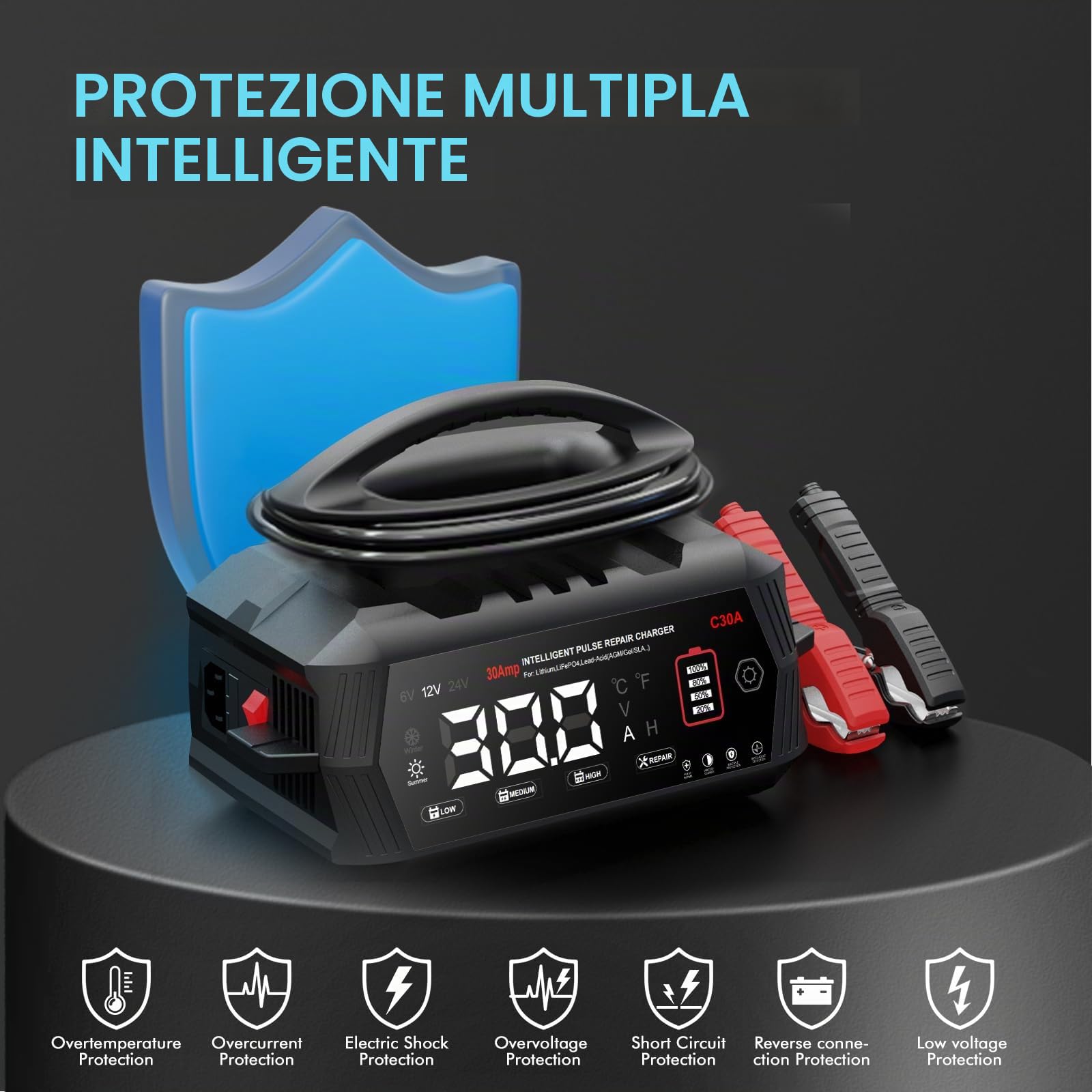 Caricabatterie per auto da 30 A, Haisito 6 V/12 V/24 V, caricabatterie e supporto per AGM, Gel, SLA, EFB e LiFePO4, caricabatterie automatico a 9 livelli con display LCD per auto, moto