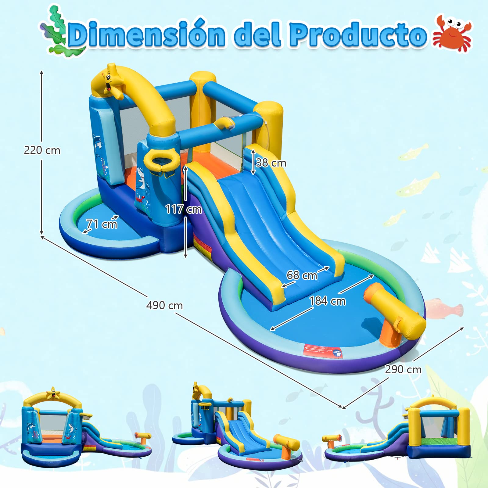 Castillo Hinchable Acuático Gigante Con Tobogán, Piscina De Bolas, Cañón De Agua Y Trampolín, De 490x290x220 Cm, Para Niños De 3 A 10 Años, Incluye Soplador Y Bolsas