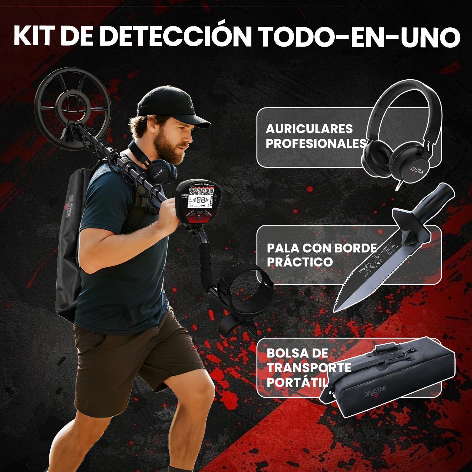 DR.ÖTEK Detector de Metales Profesional, Detector de Oro para Adultos y Niños, Metal Detector Portátil, Pinpoint, Modo de Memoria, Bobina Impermeable, Mayor Precisión, con Pala y Bolsa de Transporte