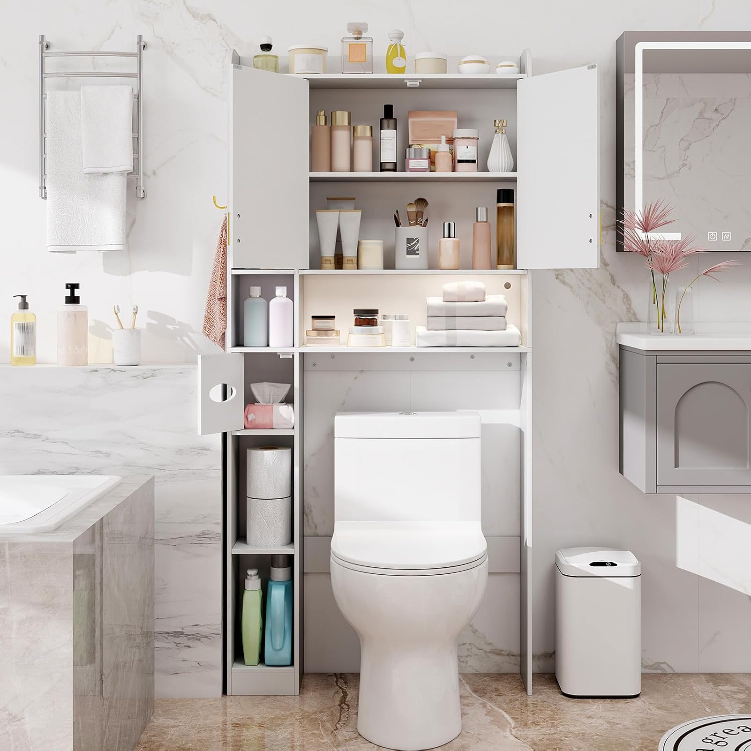 Giantex Over The Toilet Storage Cabinet, 31.5''W Freestanding Space Saver with LED Light, Toilet Paper Holder, Side Hook & Adjustable Shelf, Over Toilet Bathroom Organizer for Laundry, Restroom