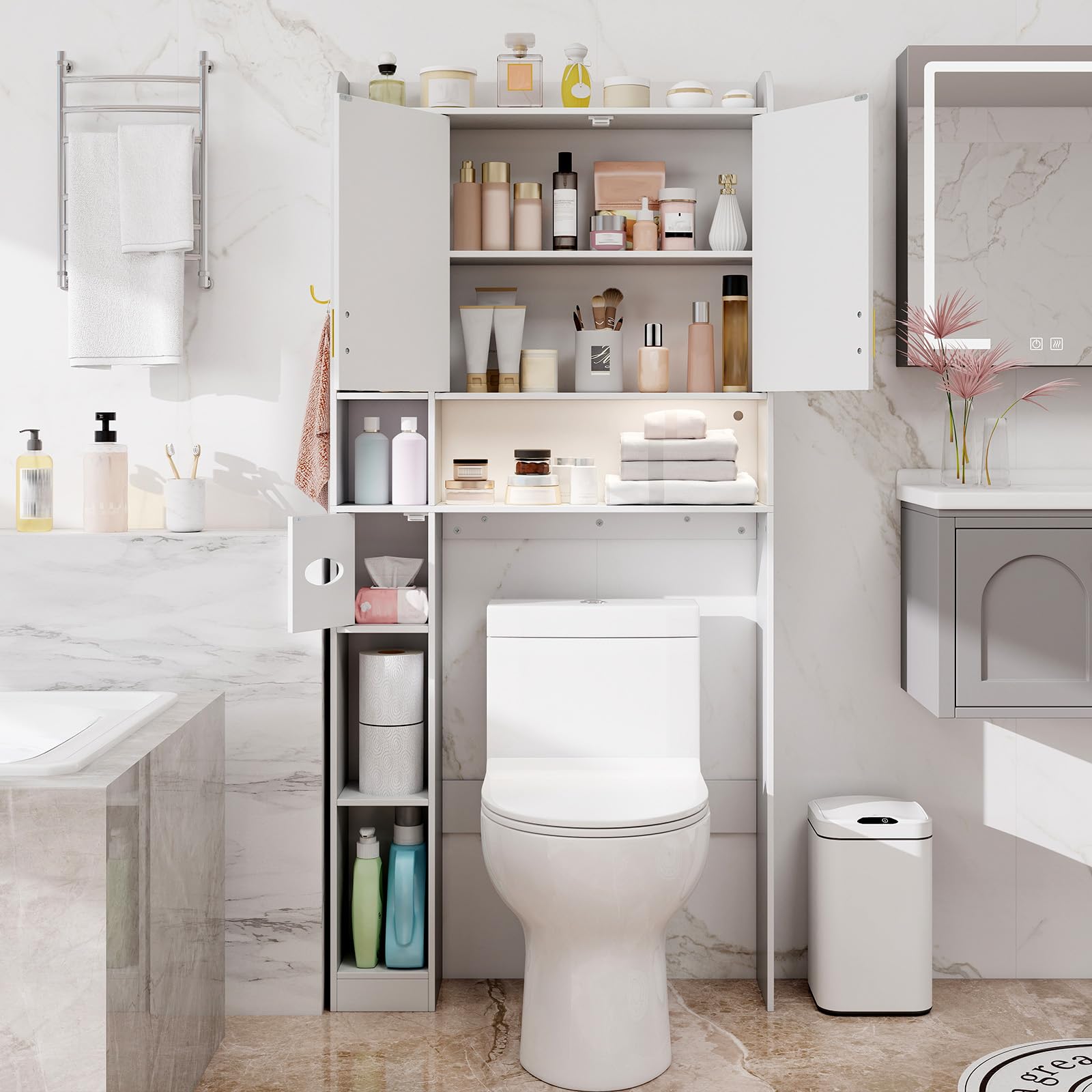 GOPLUS Mueble para WC con Almacenamiento, Armario de Baño con Estante Ajustable, Armario con 2 Puertas, 7 Compartimentos Abiertos, Barra Inferior Ajustable, Mueble para Baño y Lavandería (Blanco)