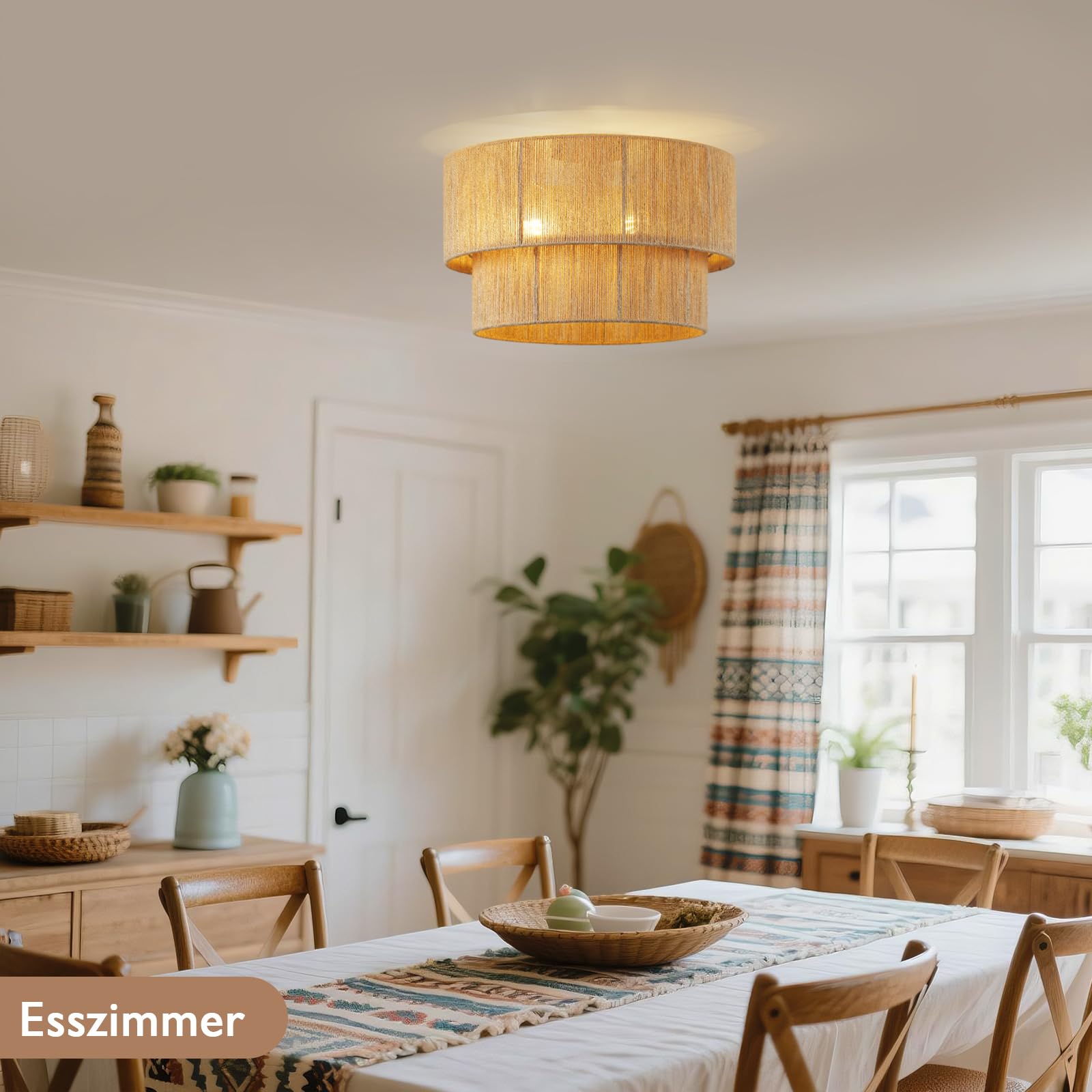 CALOKES Boho Deckenleuchte aus Juteseil Ø45cm – 3-flammige Rattan Deckenlampe mit Korb-Look für Wohnzimmer Schlafzimmer Esszimmer Flur – Deckenlampe E27 (ohne Leuchtmittel)