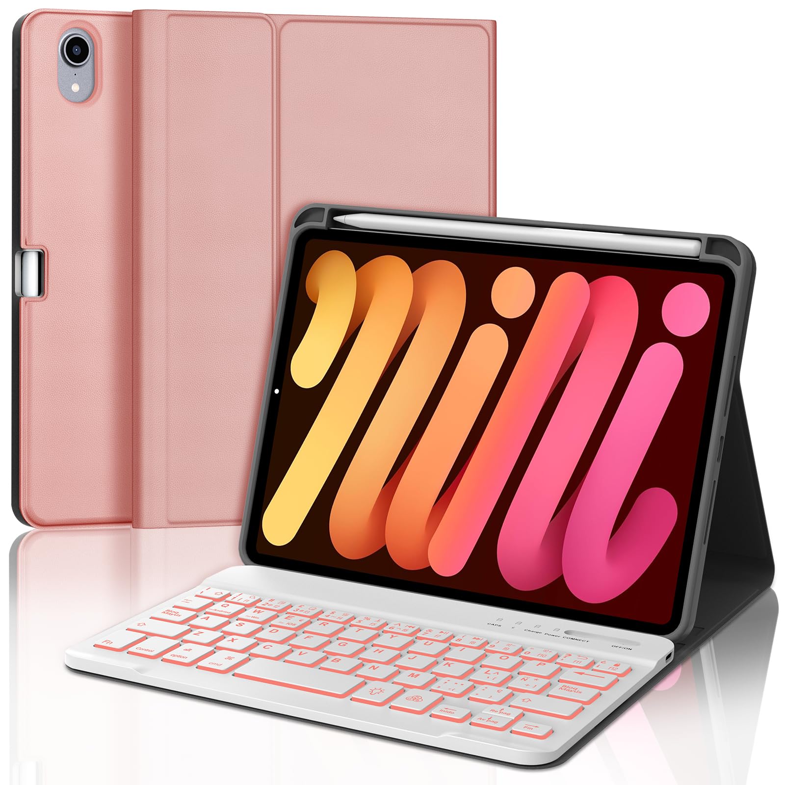 IVEOPPE Teclado iPad Mini 6/A17 Pro, Español Ñ, Funda Teclado Retroiluminados Bluetooth Desmontable para iPad Mini 7/6 8.3" 2024/2021, Oro Rosa